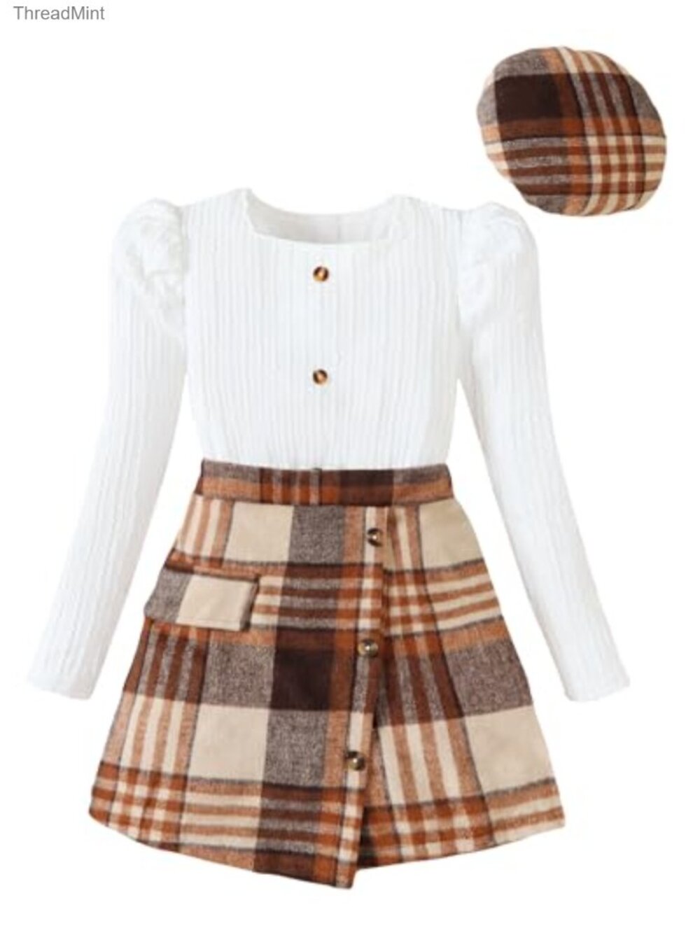 Girls 3pc Puff Sleeve Plaid Skirt Set Beret